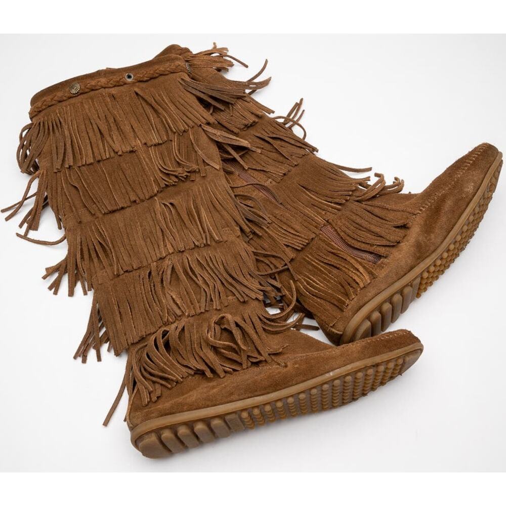 Minnetonka Moccasins Women Brown  Leather 5 Layer FRINGE Full Zip boots size 7